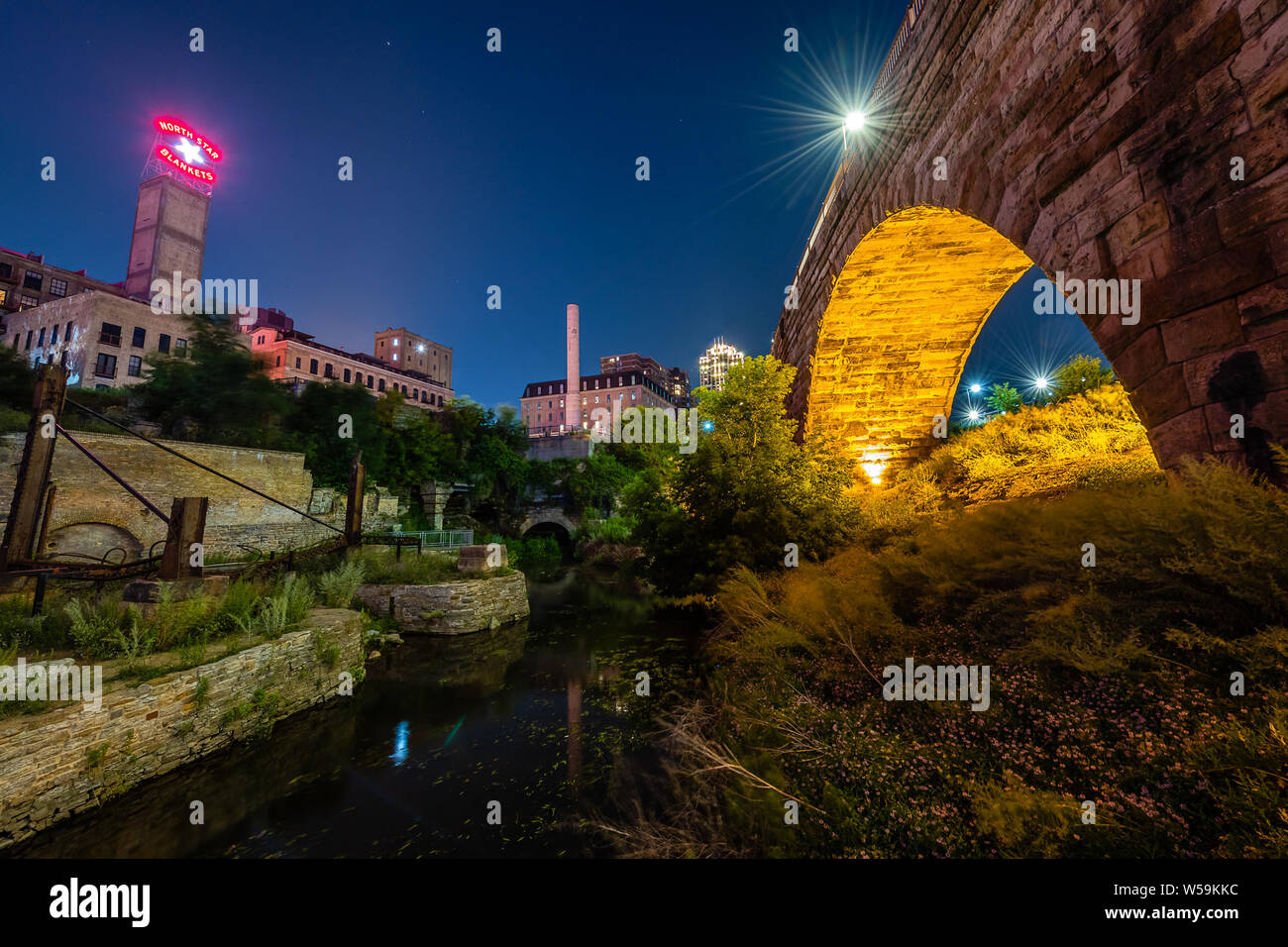 Mill Ruins Park at Night Stock Photo