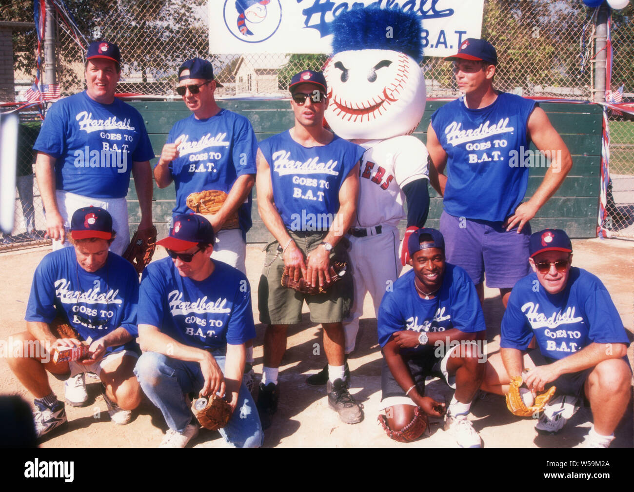 Los Angeles, California, USA 12th October 1994 Actor Mike Starr, actor Dann Florek, Comedian/actor Joe Rogan, actor Chris Browning, actor Bruce Greenwood, actor Steve Hytner and actor Phill Lewis attend Hardball Goes To B.A.T. baseball game on October 12, 1994 in Los Angeles, California, USA. Photo by Barry King/Alamy Stock Photo Stock Photo