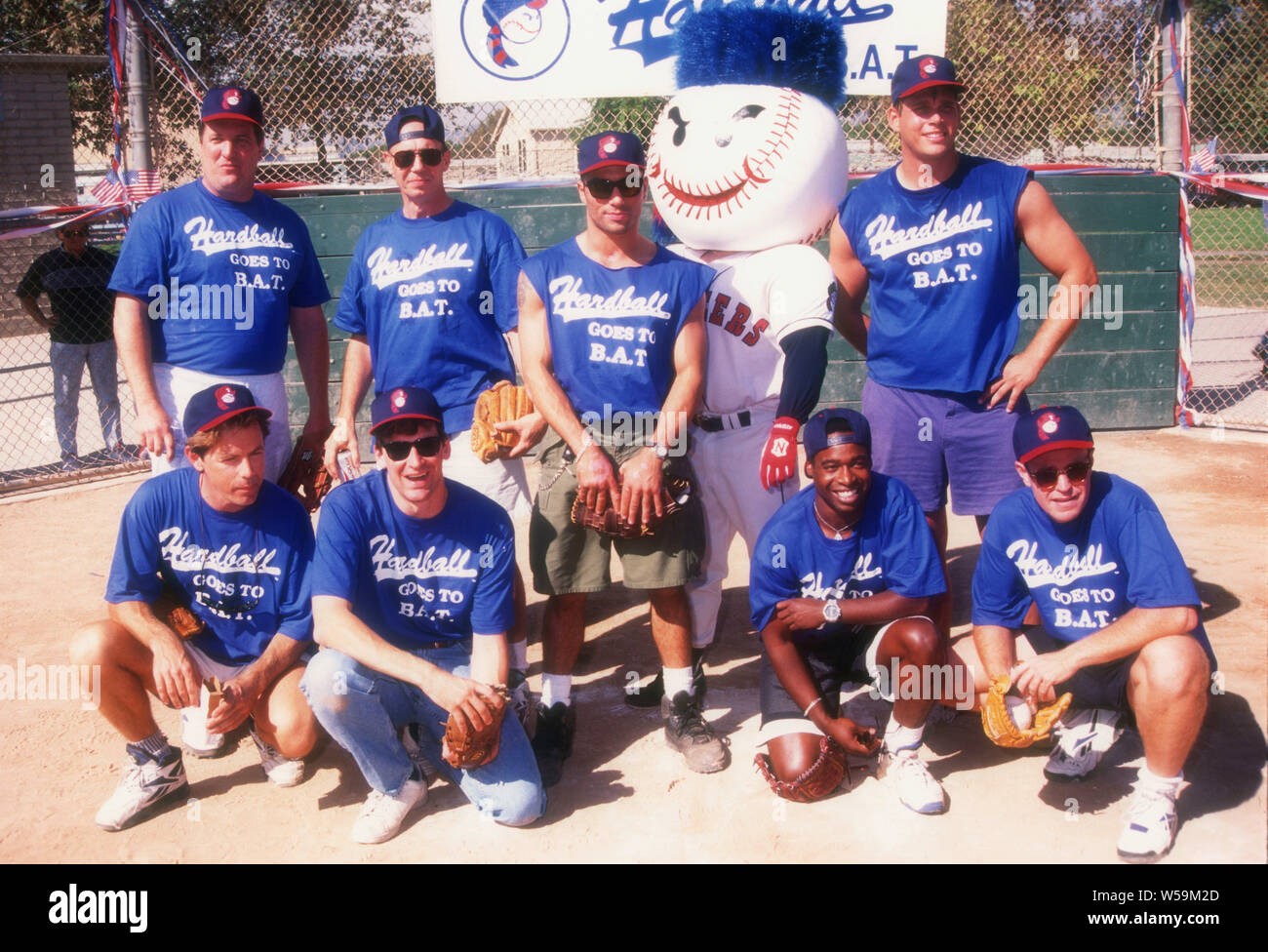 Los Angeles, California, USA 12th October 1994 Actor Mike Starr, actor Dann Florek, Comedian/actor Joe Rogan, actor Chris Browning, actor Bruce Greenwood, actor Steve Hytner and actor Phill Lewis attend Hardball Goes To B.A.T. baseball game on October 12, 1994 in Los Angeles, California, USA. Photo by Barry King/Alamy Stock Photo Stock Photo