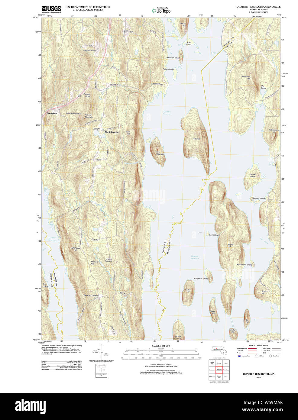 Massachusetts  USGS Historical Topo Map MA Quabbin Reservoir 20120527 TM Restoration Stock Photo
