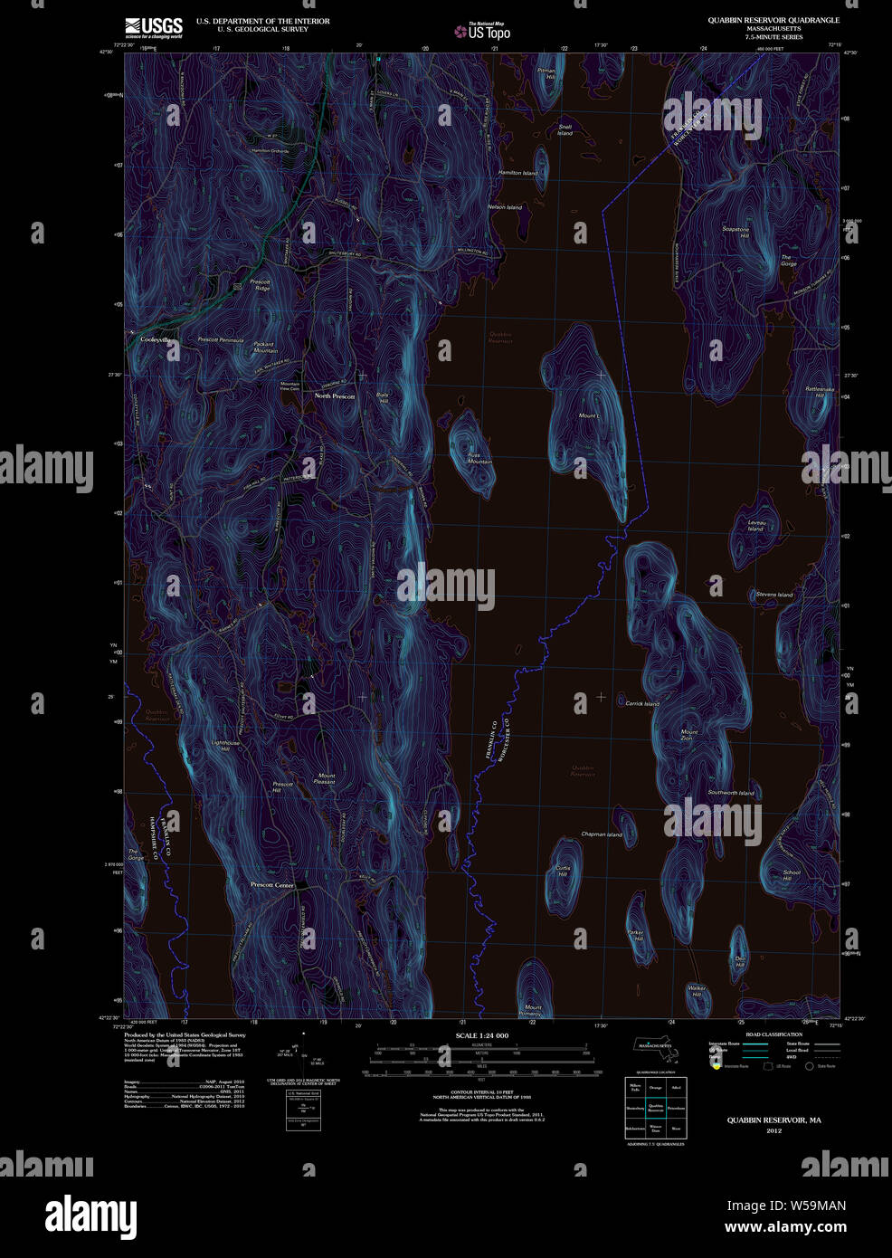 Massachusetts  USGS Historical Topo Map MA Quabbin Reservoir 20120527 TM Inverted Restoration Stock Photo