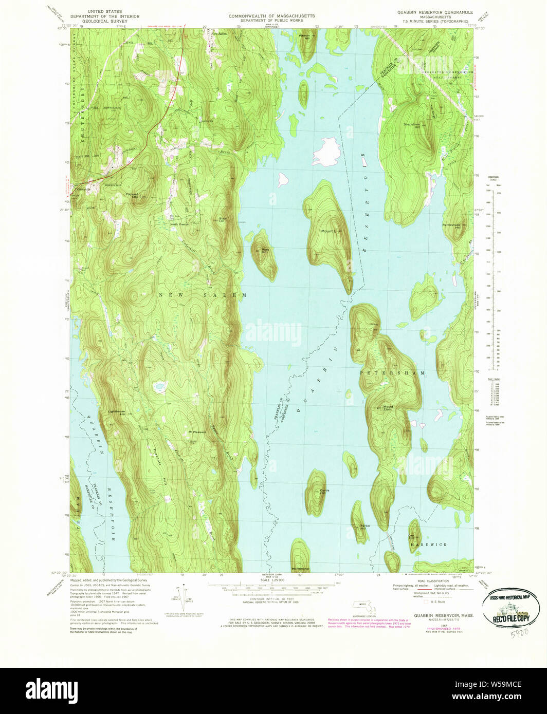 Massachusetts  USGS Historical Topo Map MA Quabbin Reservoir 351247 1967 25000 Restoration Stock Photo