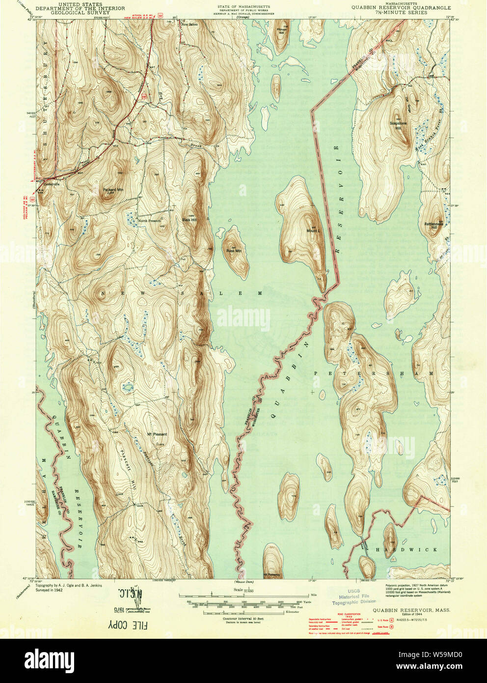 Massachusetts  USGS Historical Topo Map MA Quabbin Reservoir 352111 1944 31680 Restoration Stock Photo