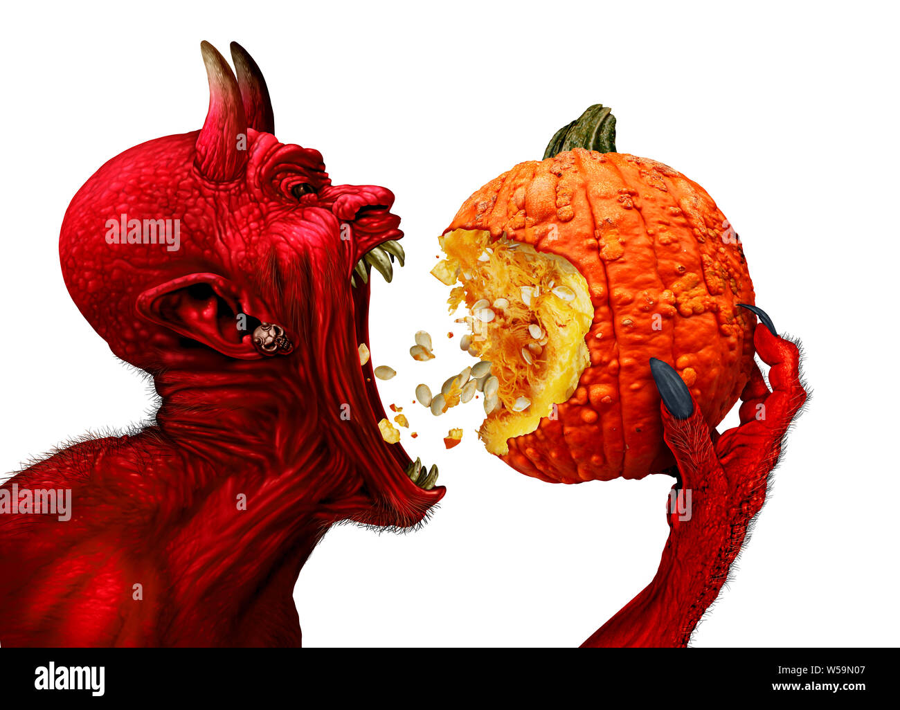 Halloween food idea as a red devil monster eating a pumpkin as a creepy seasonal snack with 3D illustration elements. Stock Photo