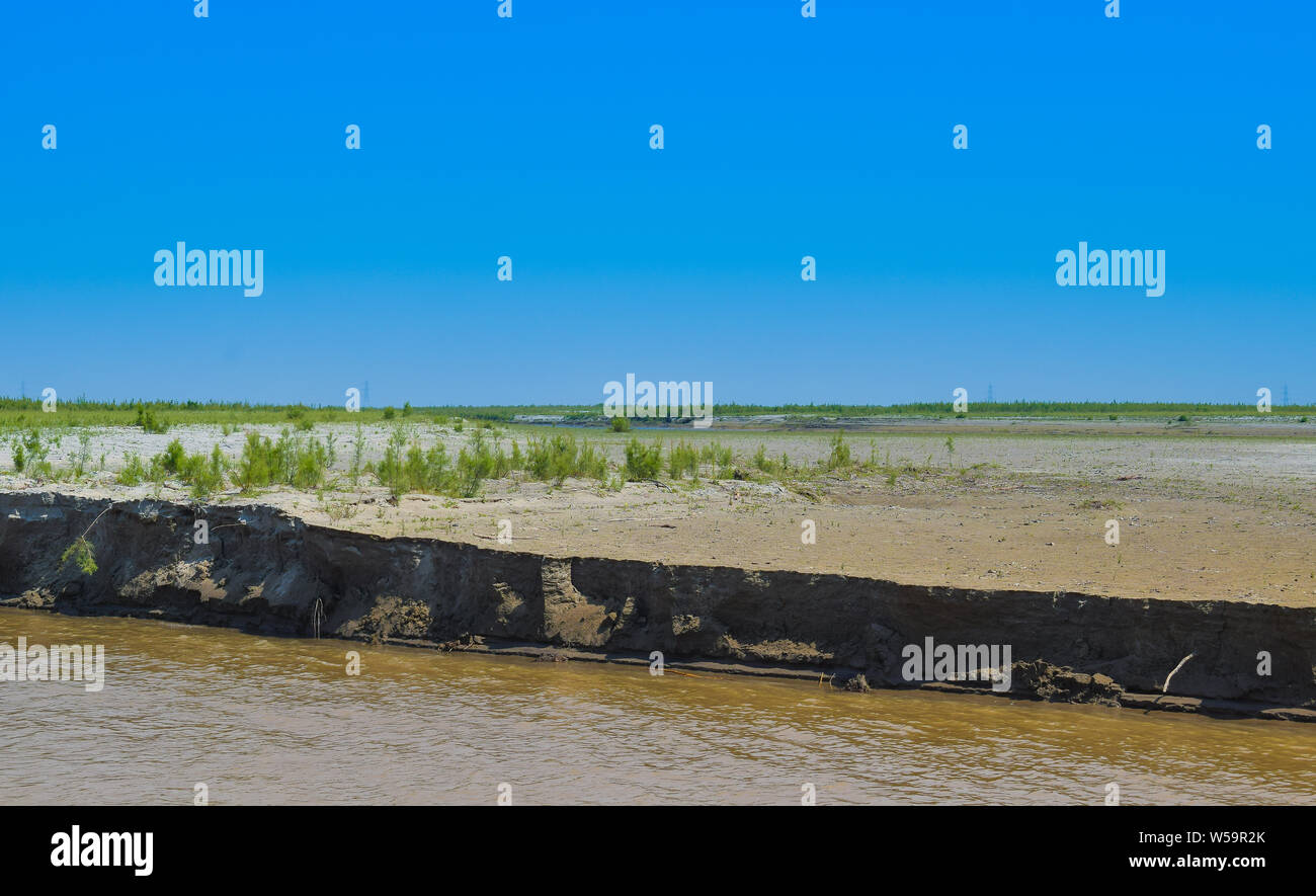 green plants on the bank of river indus Punjab,Pakistan,blue sky in background. Stock Photo