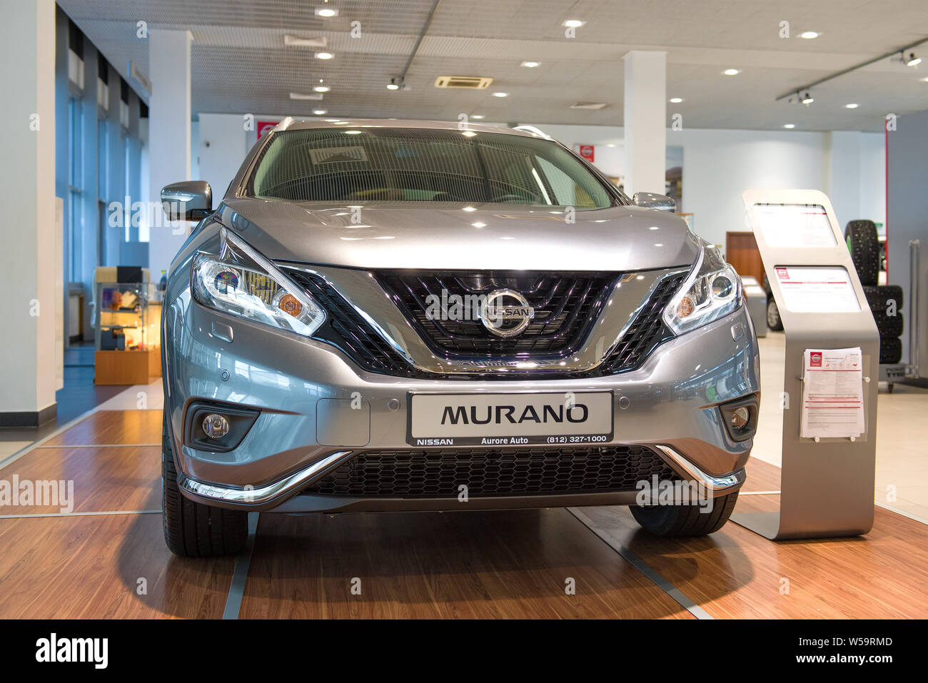 ST. PETERSBURG, RUSSIA - JULY 09, 2019: The new Nissan Murano (2019) a fullface close up in salon of the official dealer Stock Photo