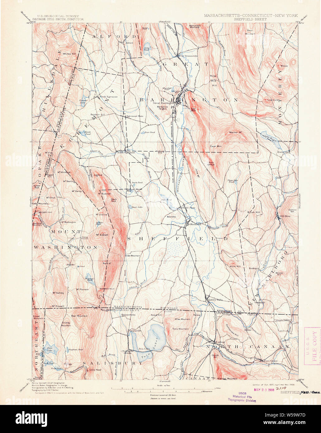 Massachusetts USGS Historical Topo Map MA Sheffield 353023 1897 62500 Restoration Stock Photo