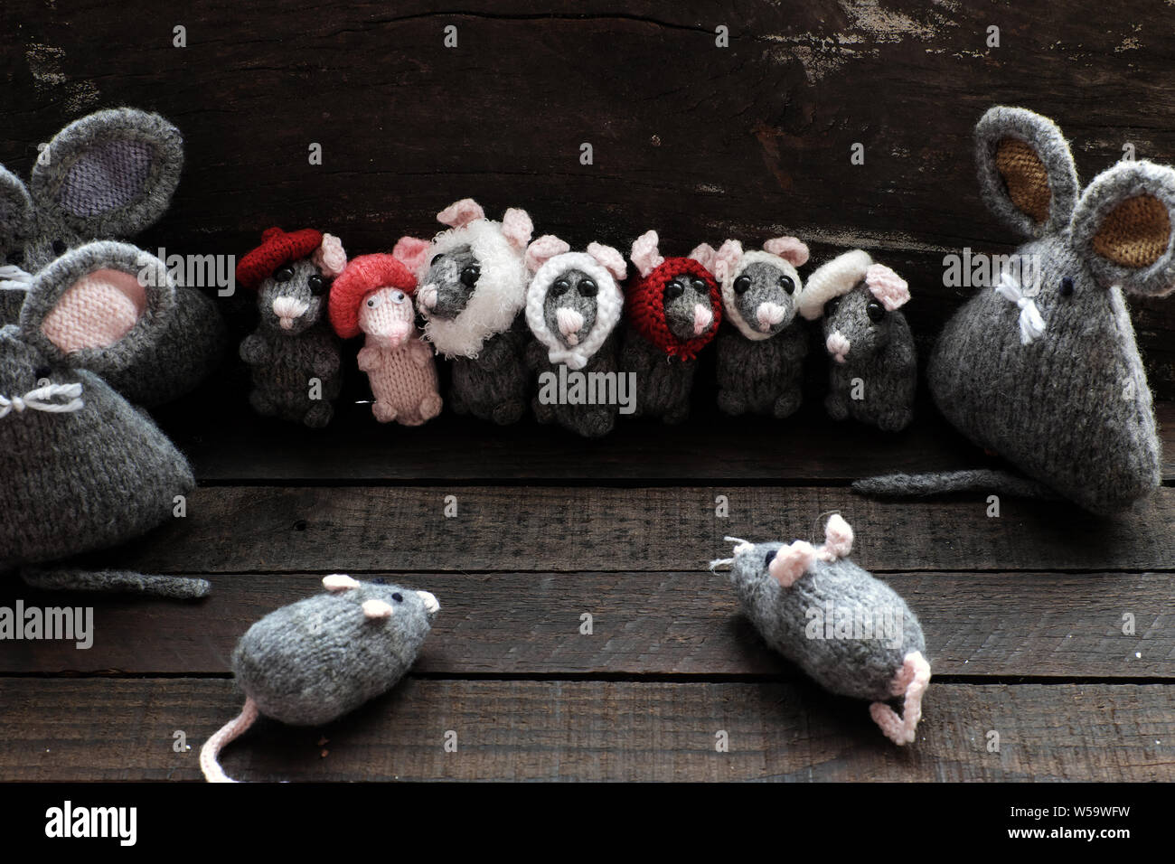 Funny concept with group of cute grey mice and small rat on black wooden background, handmade product knit from yarn in free time of craftsmanship Stock Photo