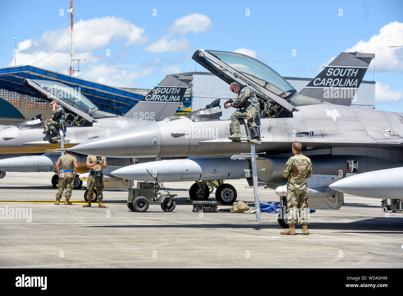 The South Carolina Air National Guard is participating in the week-long Relámpago IV exercise with four 169th Fighter Wing F-16 Fighting Falcon Fighter jets at Comando Aereo de Combate Number 5 (CACOM 5) in Rionegro Colombia, July 19, 2019.  United States military participation in the exercise provides an opportunity to strengthen our military-to-military relationships with regional partners and provides the opportunity to meet with our Colombian air force counterparts and facilitate interoperability, which can be exercised in future cooperation events such as additional exercises and training Stock Photo