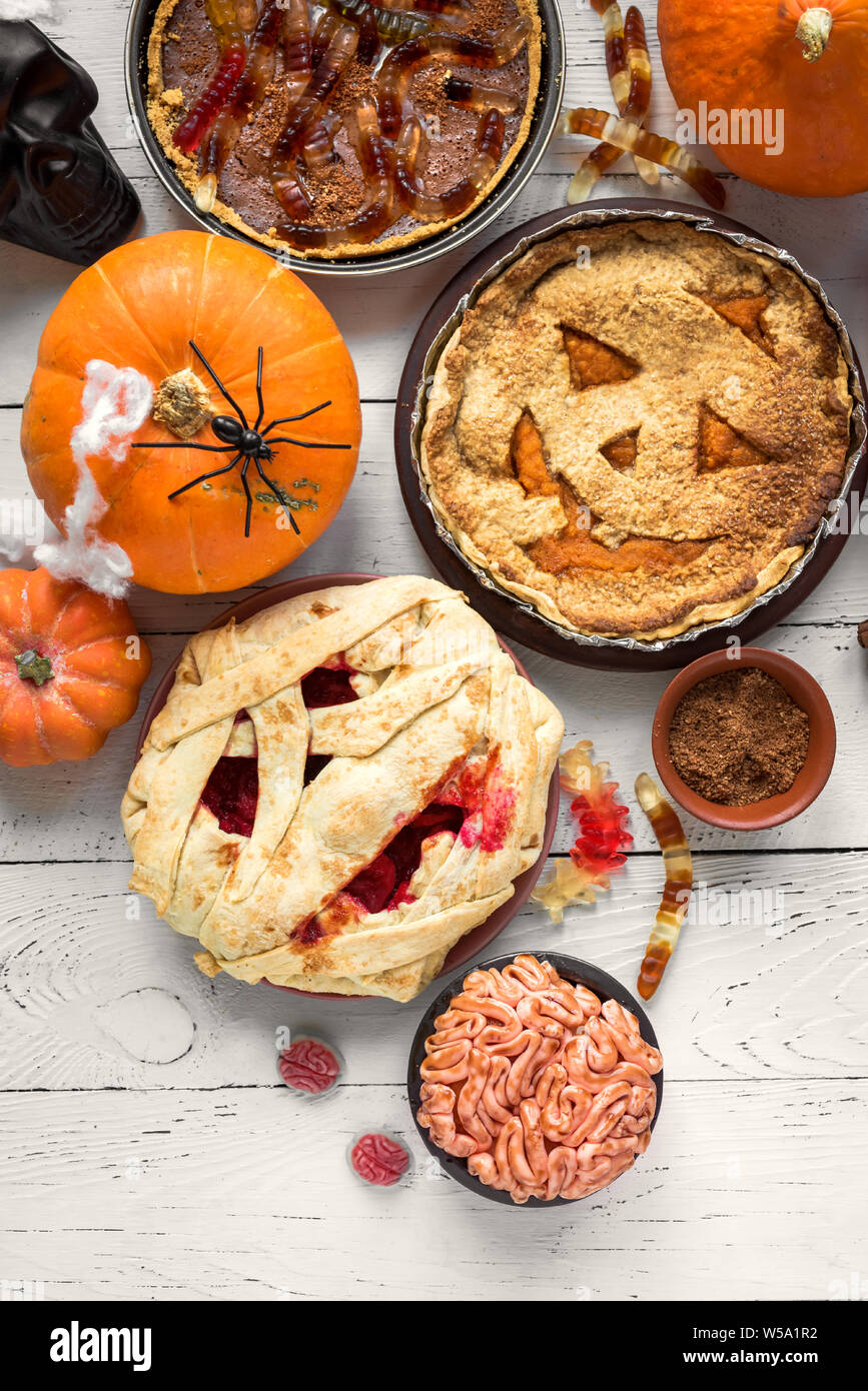 Halloween Pies Pumpkin Mummy Brain Worms Festive Halloween Homemade Pastries And Desserts Assortment And Autumn Decor Top View Copy Space Stock Photo Alamy