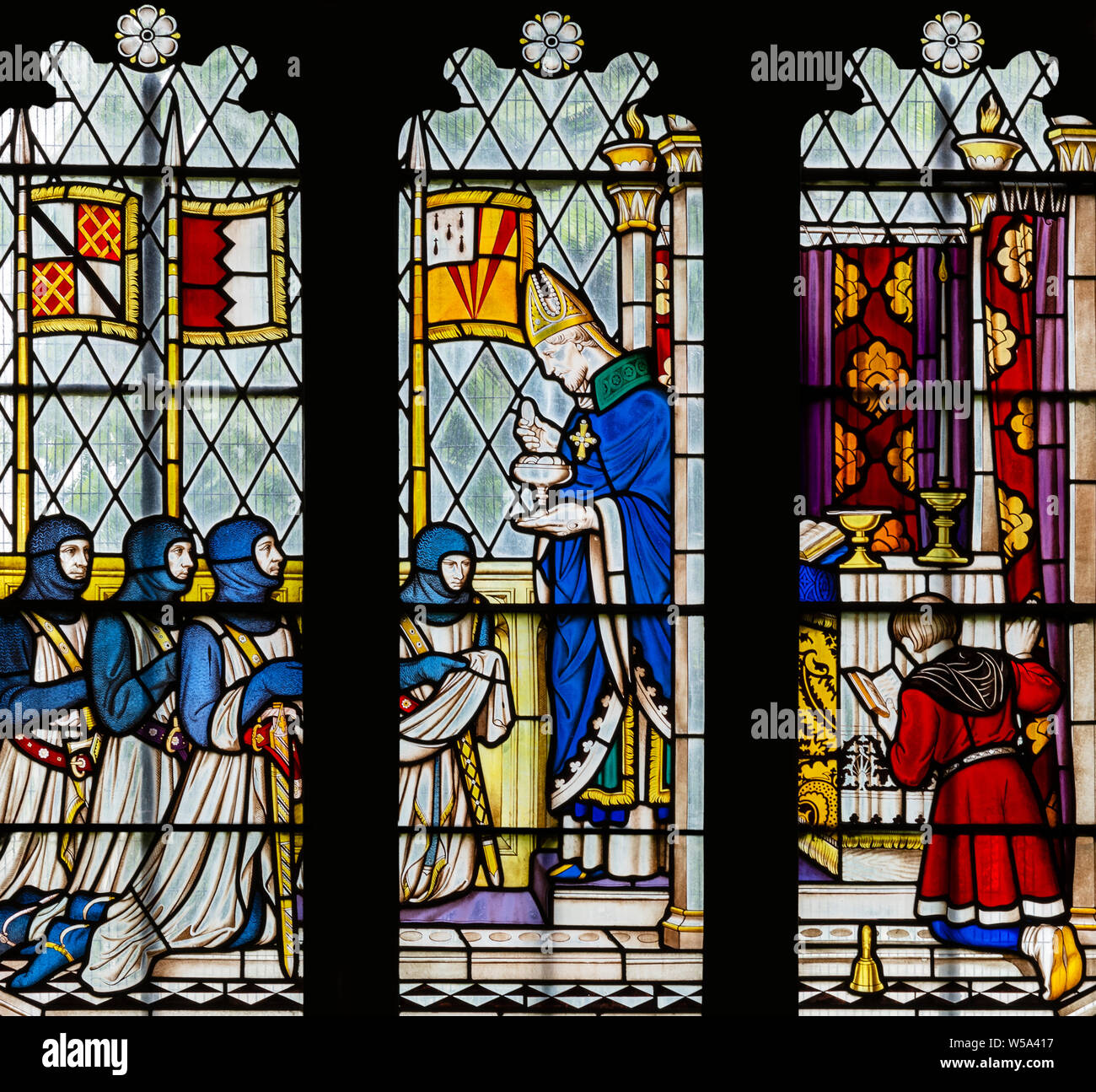 Stained glass commemorating 'The Battle of Evesham', and St. Egwin, St. Lawrences Church, Evesham, Gloucesterhire, UK Stock Photo