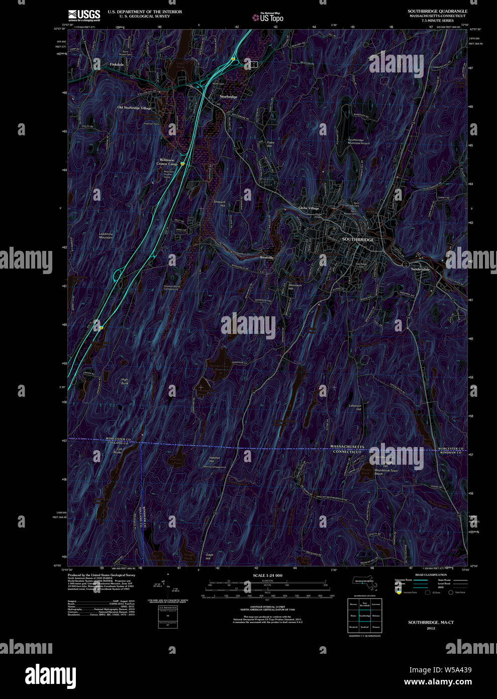 Massachusetts  USGS Historical Topo Map MA Southbridge 20120529 TM Inverted Restoration Stock Photo