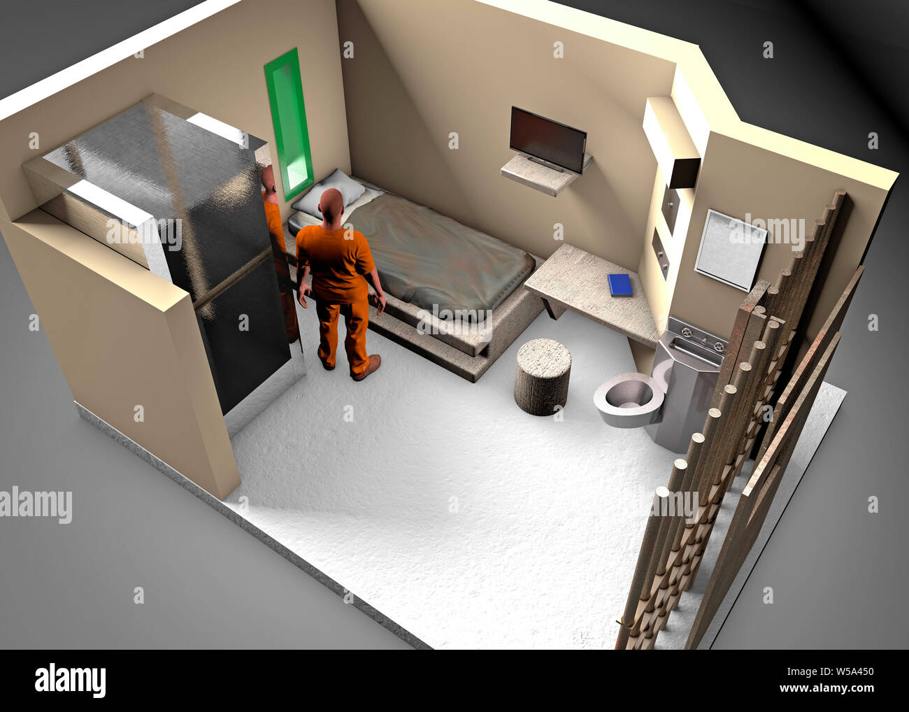 3d reconstruction of a prison cell, ADX Florence Supermax, Colorado penitentiary. US maximum security penitentiary center. Held in a prison cell Stock Photo