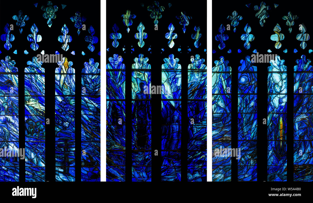 The triptych, on a theme of 'Praise', by Thomas Denny (1992), Gloucester Cathedral, Gloucestershire, UK Stock Photo