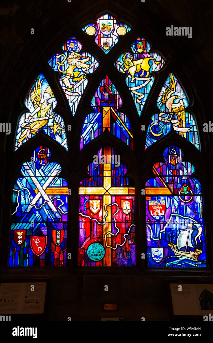 Modern Stained Glass Window Depicting Town Trades Church Of The Holy Rude Old Town Of Stirling Scotland Uk Stock Photo Alamy