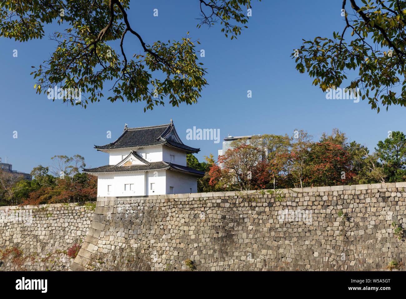 The walls of Osaka Castle in Osaka, Japan. One of Japan's most famous landmarks, Osaka Castle played a major role in the unification of Japan back in Stock Photo