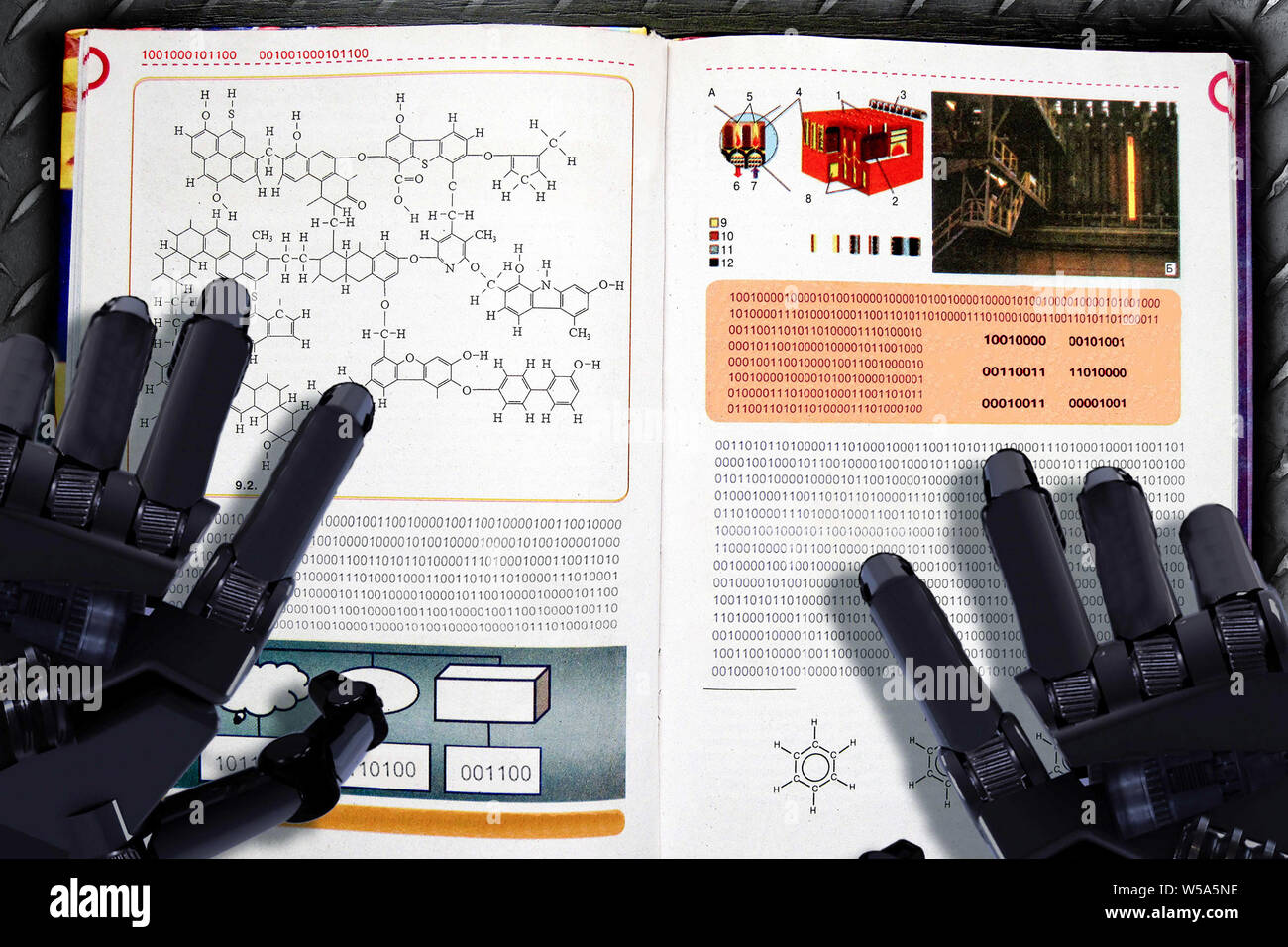 Machine learning placard. Robot reads textbook with binary code as illustration of artificial intelligence. Futuristic concept of digital knowledge ex Stock Photo