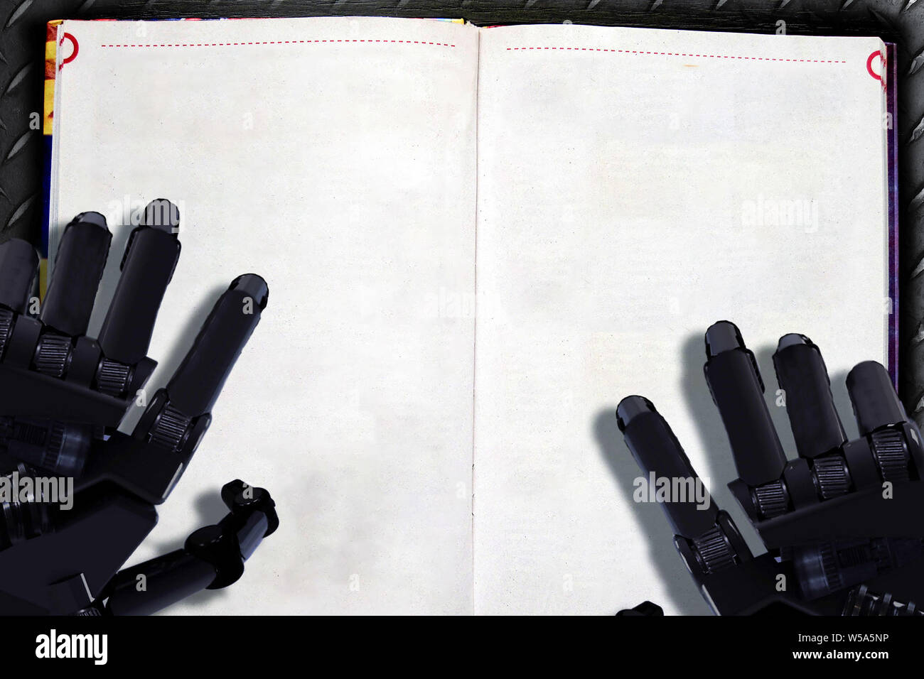 Machine learning placard. Robot reads textbook with copy to space to add text. Futuristic concept of digital knowledge exchange and neuroscience human Stock Photo