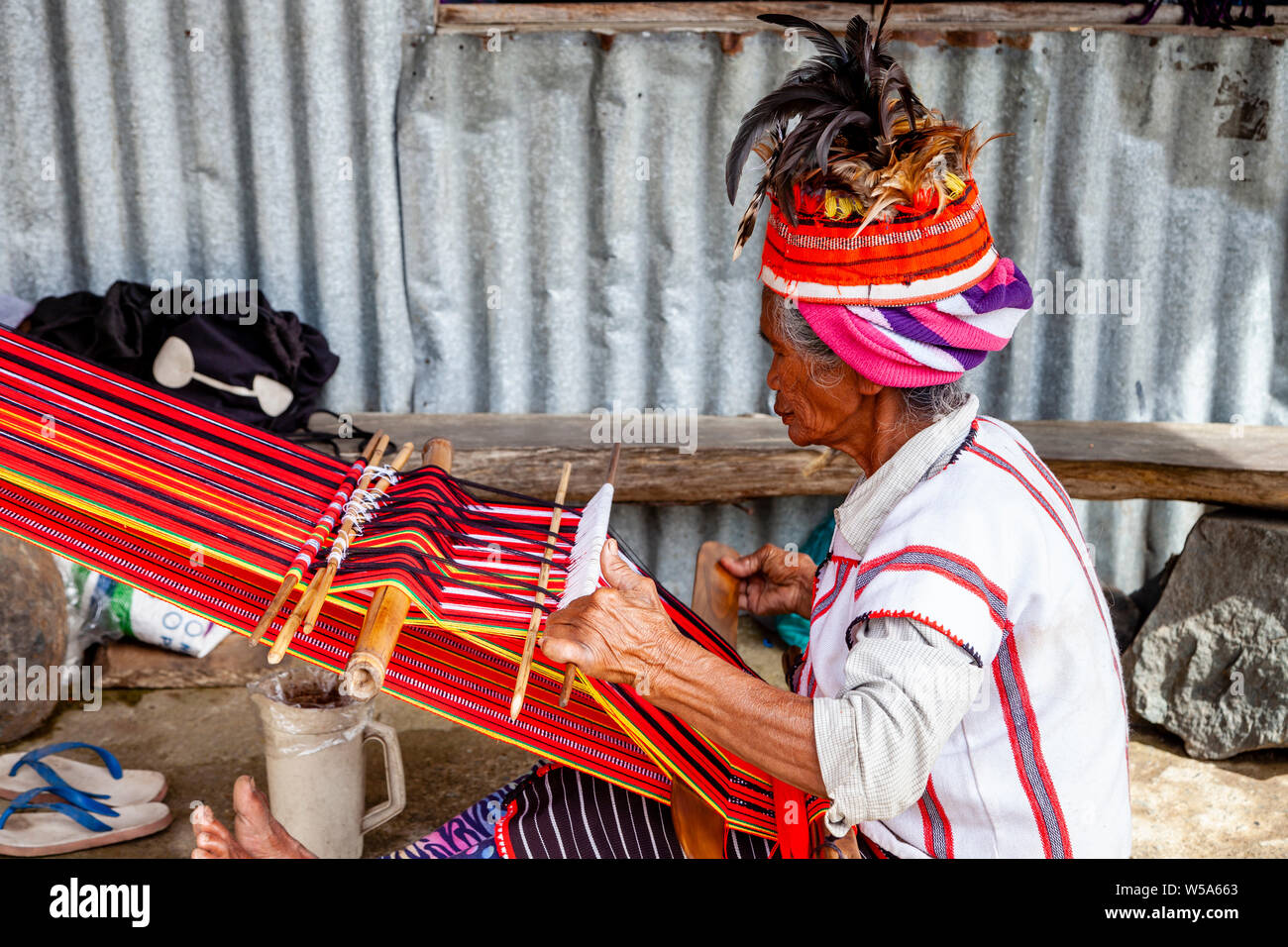 An Ifugao Tribal Woman Weaving Traditional Patterned Cloth, Banaue, Luzon, The Philippines Stock