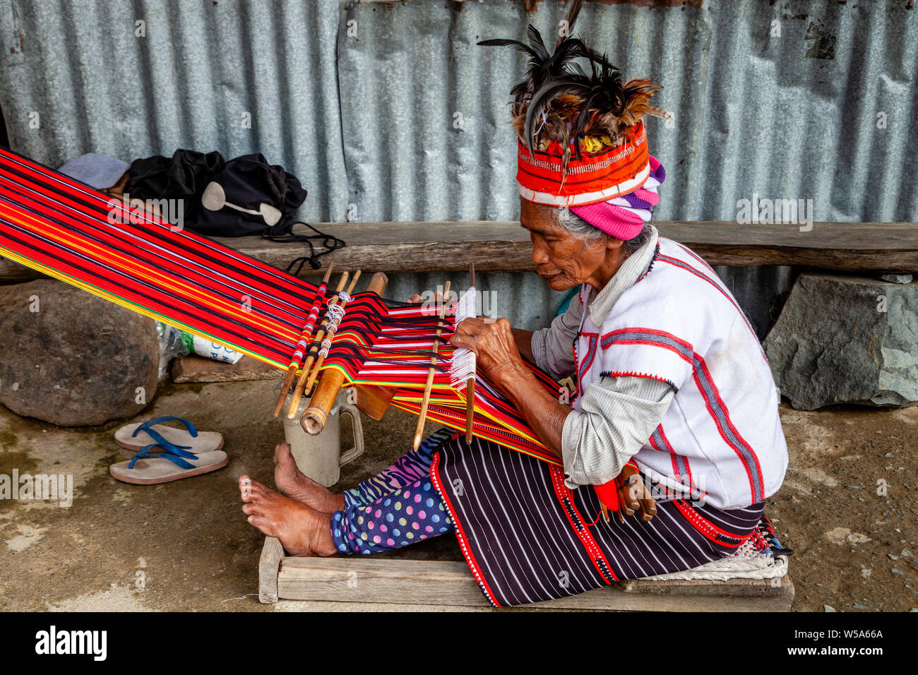 An Ifugao Tribal Woman Weaving Traditional Patterned Cloth, Banaue, Luzon, The Philippines Stock