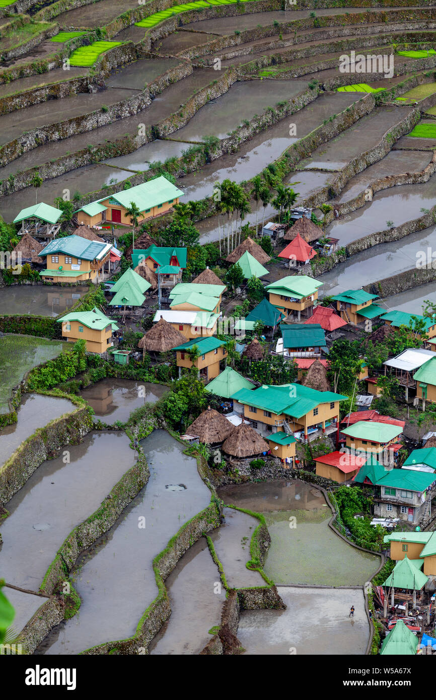 A View Of The Village Of Batad and Surrounding Rice Terraces, Banaue Area, Luzon, The Philippines Stock Photo