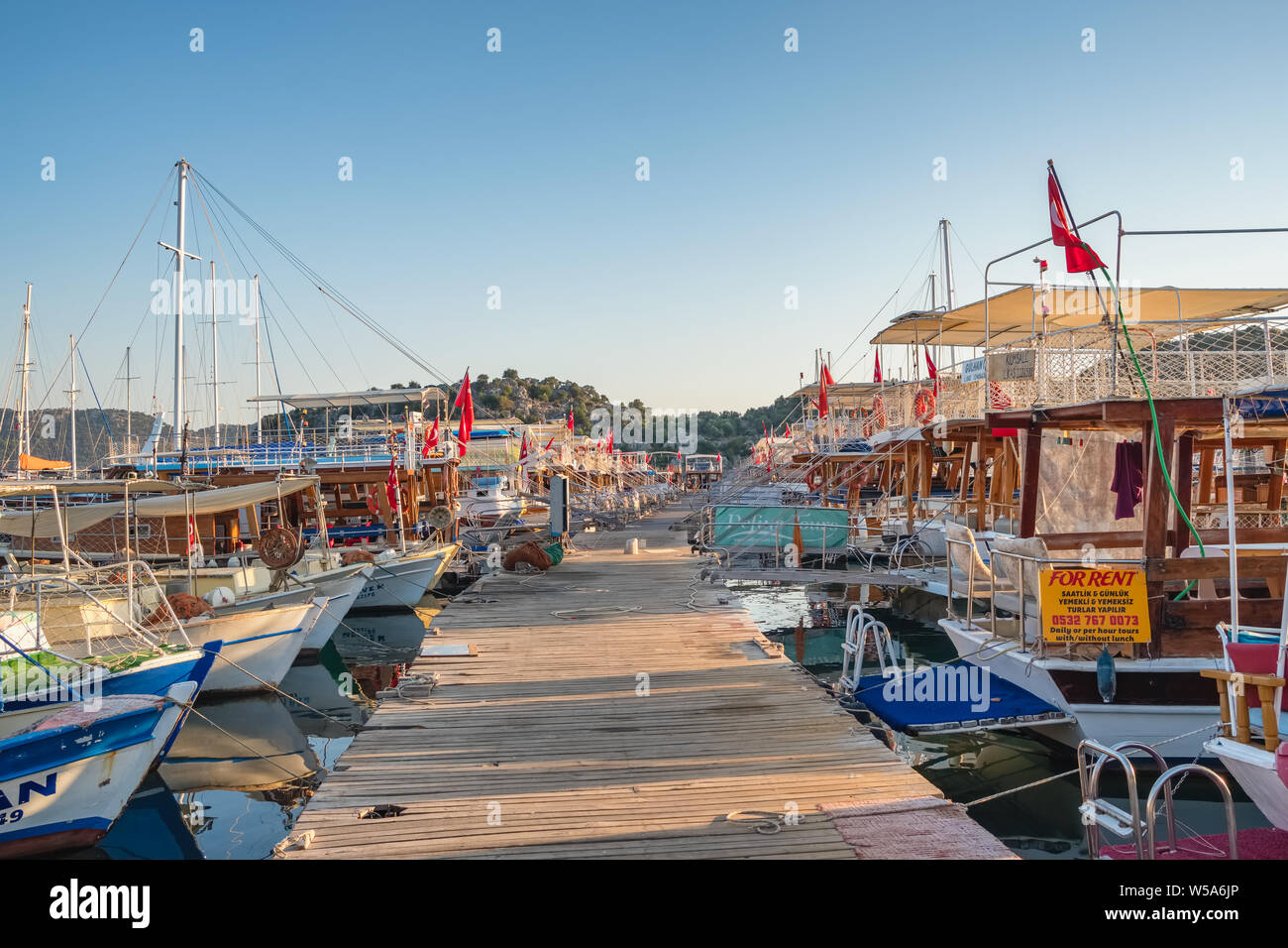 Boats at marina in Ucagiz village of Kekova in Turkey Stock Photo