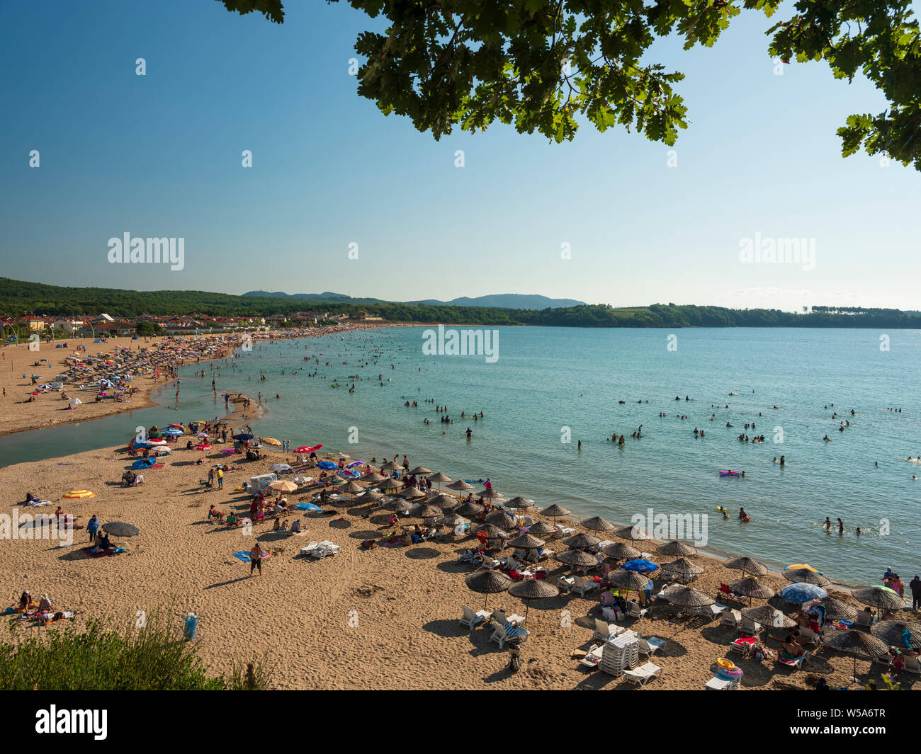 KANDIRA, KOCAELI, TURKEY, Kumcagiz river and beach , 23 July 2019; Touristic Kefken town on the Black Sea coast. Kocaeli's most popular beach. Ideal f Stock Photo