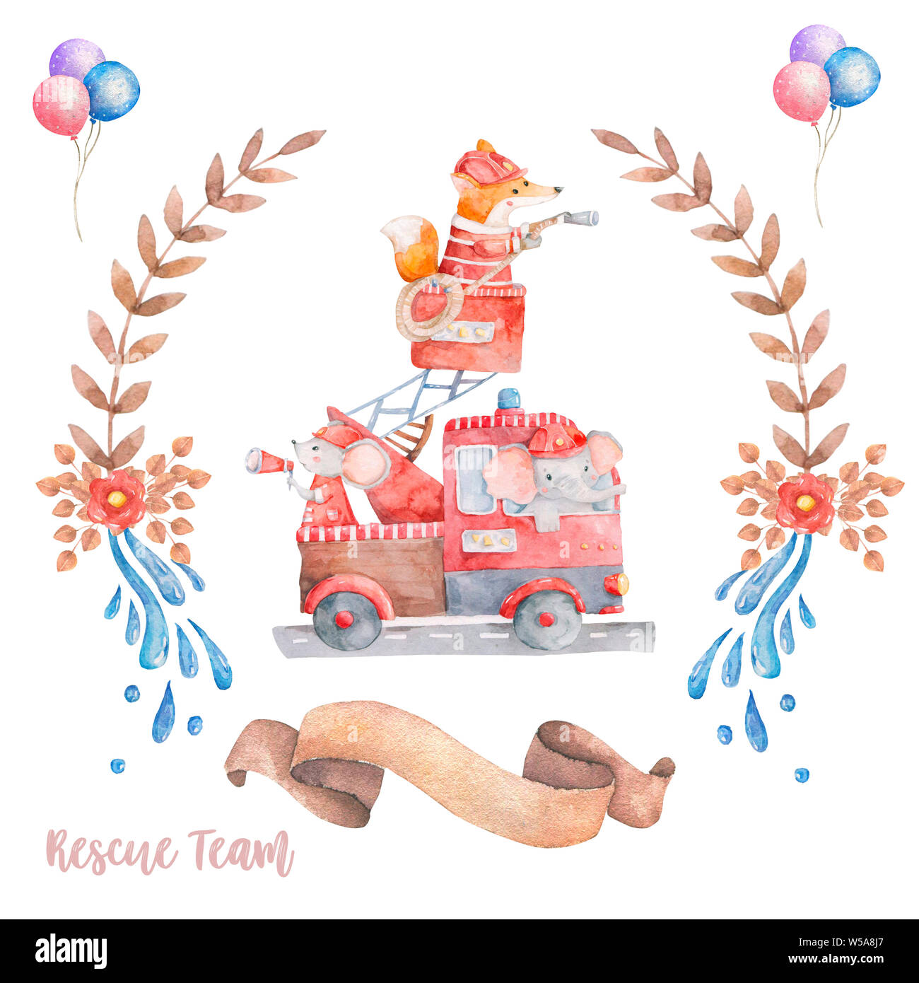 Watercolor rescue kit. Little Heroes the fire rescue funny cartoon ...