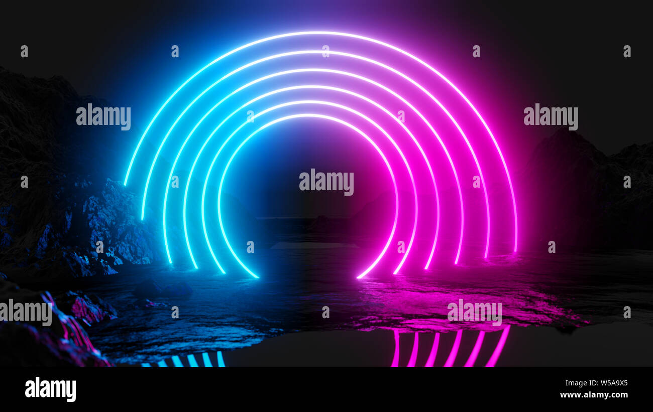 Glowing neon circles on dark background. 3D illustration. Pink and blue ...