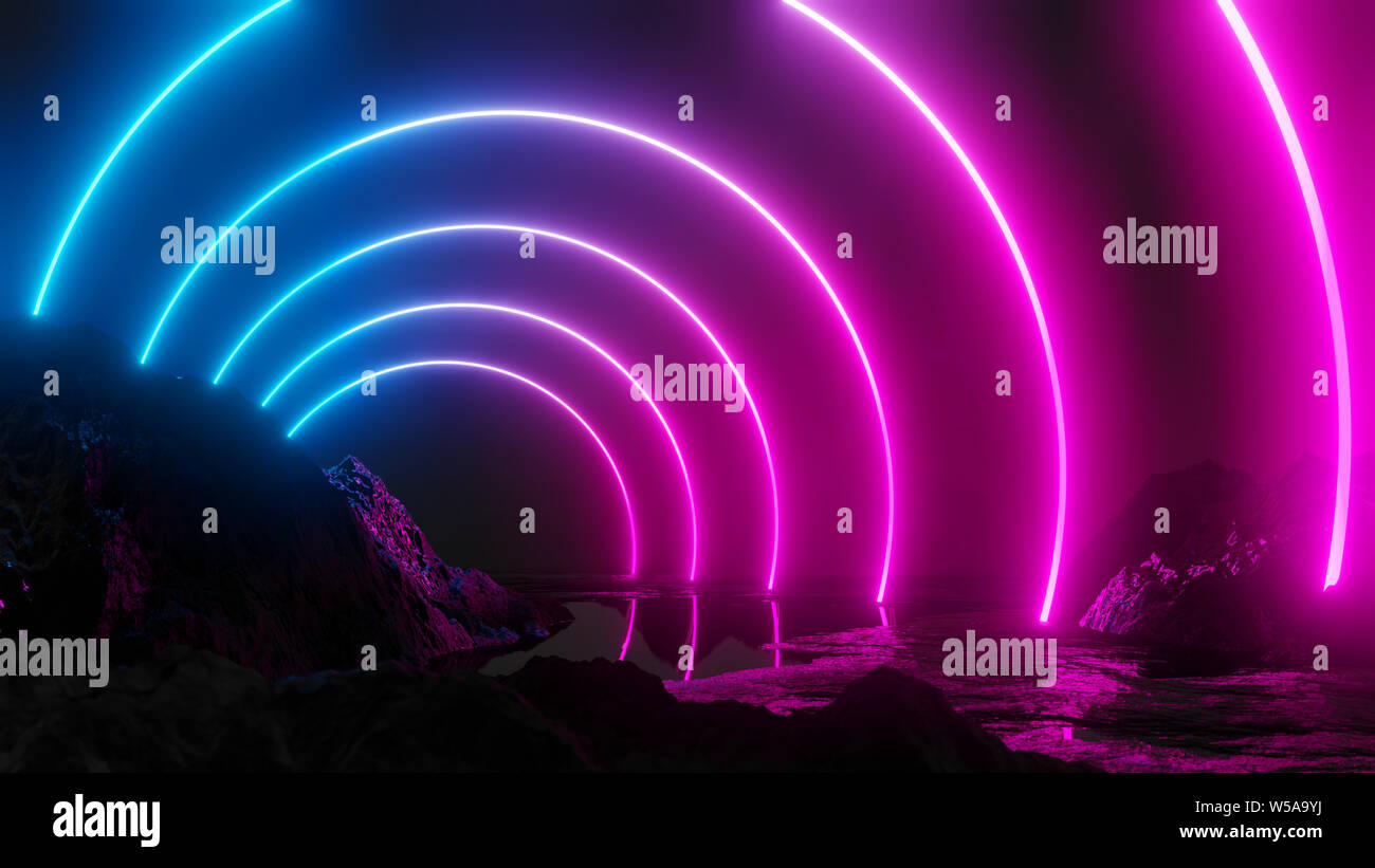 Glowing neon circles on dark background. 3D illustration. Pink and blue ...