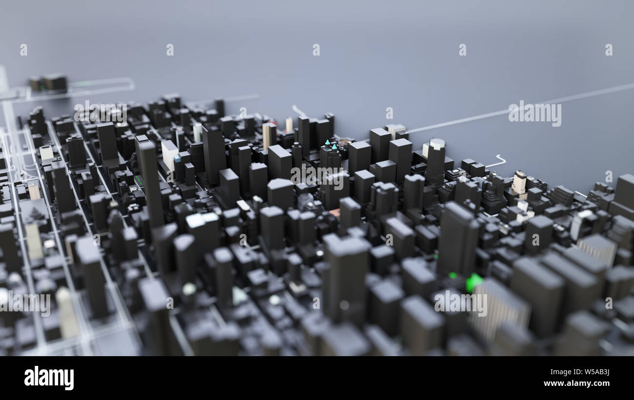 3D futuristic city architecture with skyscrapers and buildings on black ...