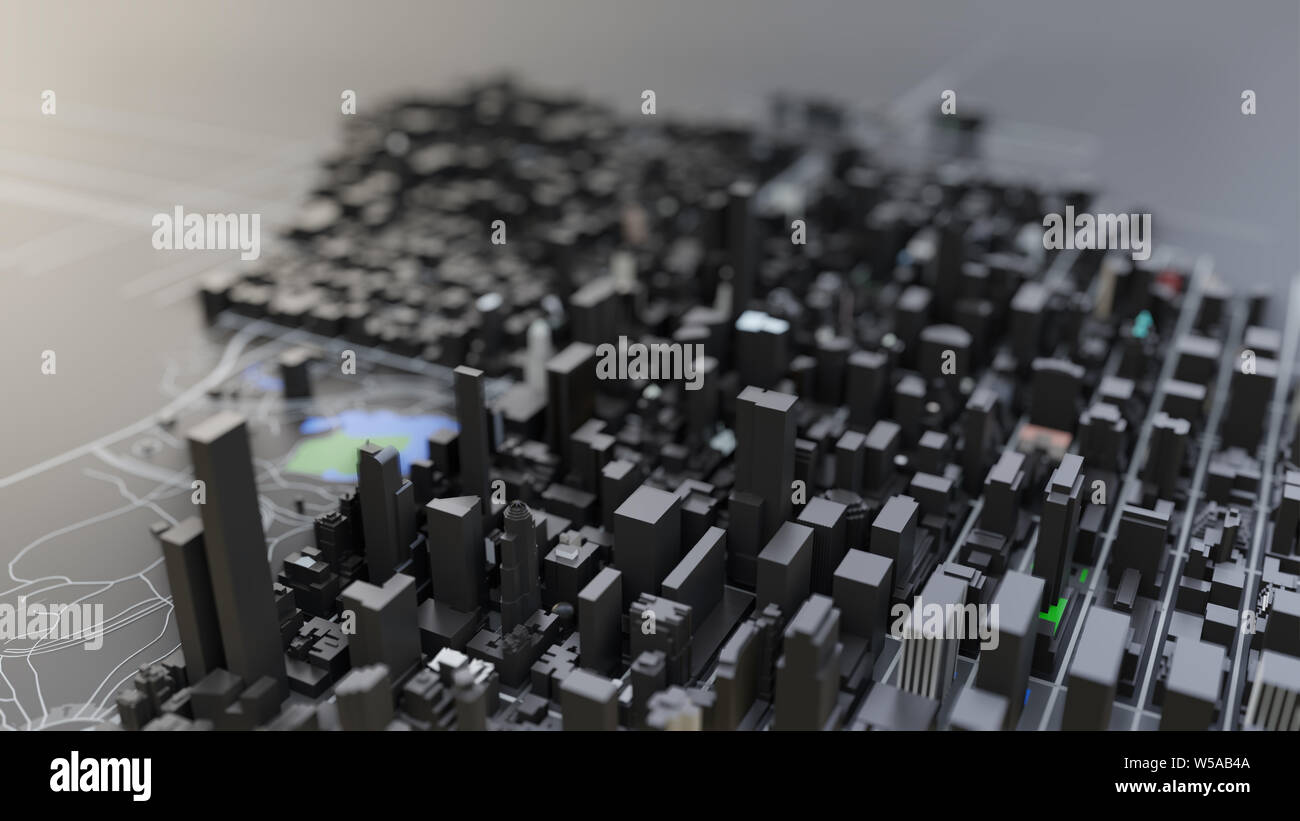 3D futuristic city architecture with skyscrapers and buildings on black ...