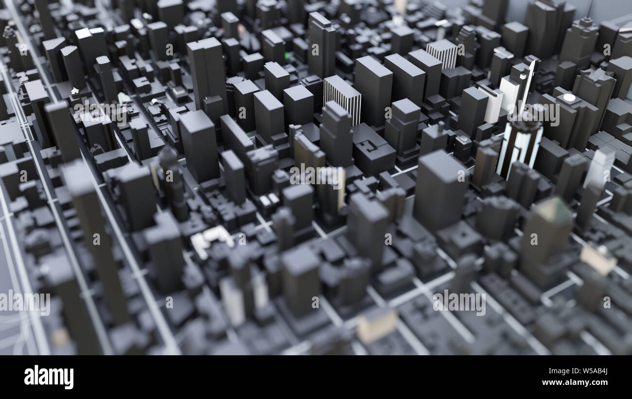 3D futuristic city architecture with skyscrapers and buildings on black ...