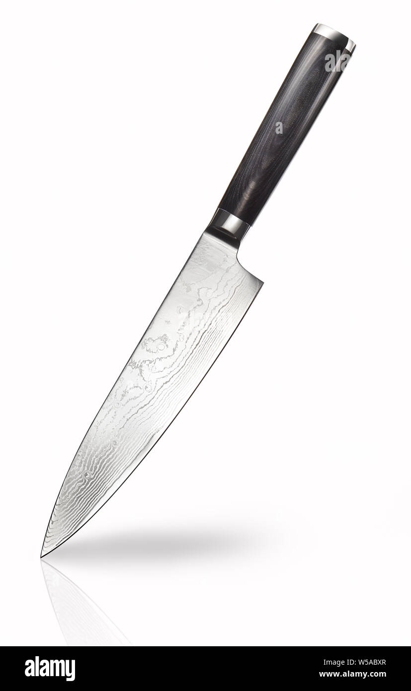 Professional steel kitchen knife with black handle and reflection isolated on white background. Clipping path included Stock Photo