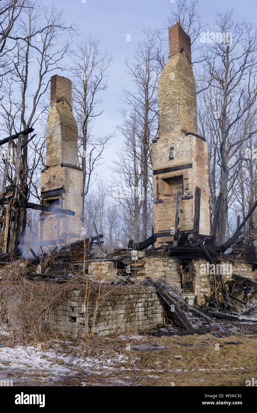 Aftermath of a 2019 fire that destroyed a historic building, a former tavern and dance hall, on the King's Highway (route 5) near St. Johnsville, in t Stock Photo