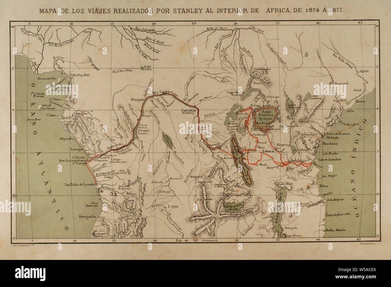 Exploration and mapping of the Congo River (1874-1877). Henry Morton Stanley. He traveled central Africa exploring Lake Victoria and Lake Tanganyka navigating the Congo River. Africa inexplorada, el Continente Misterioso by Henry Morton Stanley, c. 1887. Stock Photo