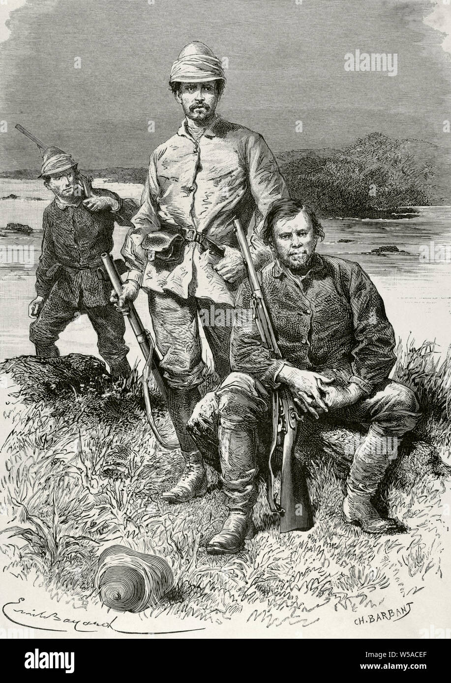 Africa. Members of Stanley's expedition. Edward Pocock, Francis Pocock and Frederick Barker. Illustrated by Emile Bayard. Engraving by Charles Barbant. Africa inexplorada, el Continente Misterioso by Henry Morton Stanley, c. 1887. Stock Photo