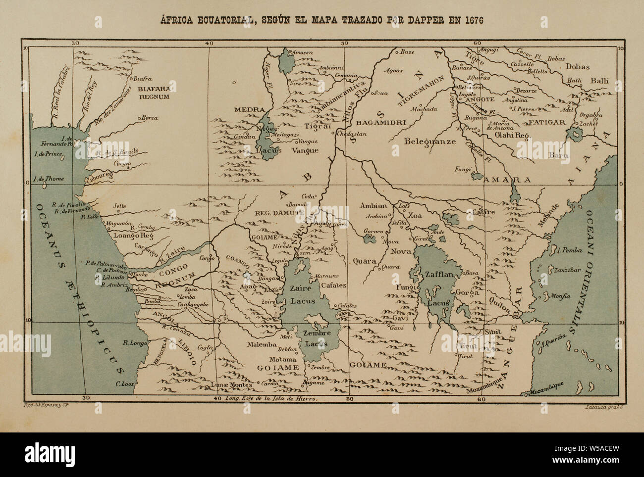 Equatorial Africa according to the map drawn by Dapper in 1616. Africa inexplorada, el Continente Misterioso by Henry Morton Stanley, c. 1887. Stock Photo