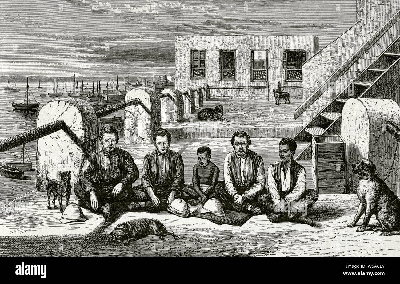 Africa. Perspective from the roof of the house of Mr. Augusto Sparhawk. From left to right: Francisco Pocock, Federico Barker, a boy from Zanzibar, Eduardo Pocock and Kalulu. Zanzibar. Engraving. Africa inexplorada, el Continente Misterioso by Henry Morton Stanley, c. 1887. Stock Photo