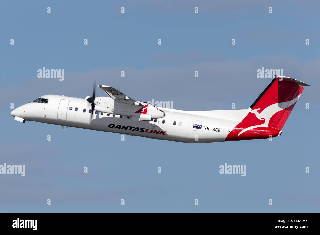 QantasLink (Eastern Australia Airlines) de Havilland Canada Dash 8 twin engine turboprop regional airliner aircraft taking off from Sydney Airport. Stock Photo