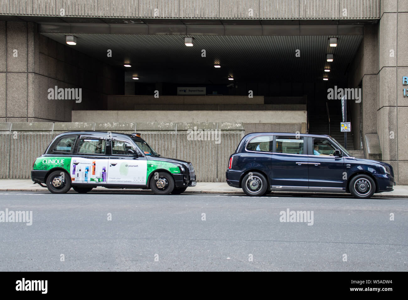 London black cab / Hackney Carriage of 2019 with the new hybrid version made by LEVC as model LEVC TX parked in taxi bay Stock Photo