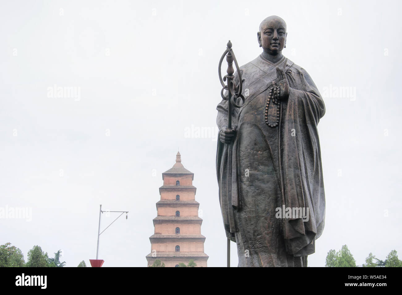 Monk Xuanzang statue of the Tang Dynasty near the Big wild goose pagoda in the city of Xian in Shaanxi province China. Stock Photo