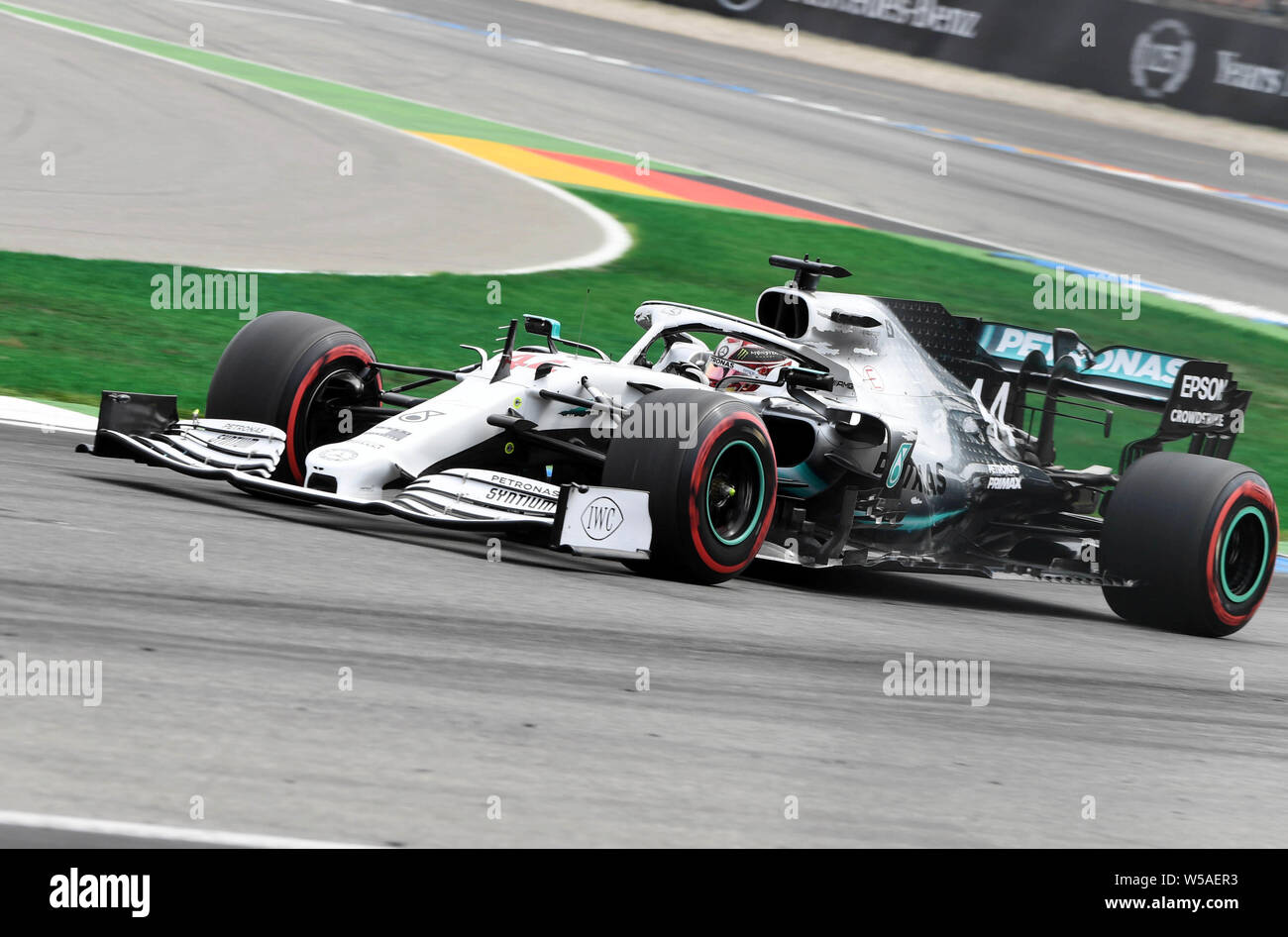 Hockenheim, Germany. 27th July, 2019. Motorsport: Formula 1 World Championship, Grand Prix of Germany. Lewis Hamilton from Great Britain of the Mercedes-AMG Petronas team drives on the race track during the third free practice session. Credit: Uli Deck/dpa/Alamy Live News Stock Photo