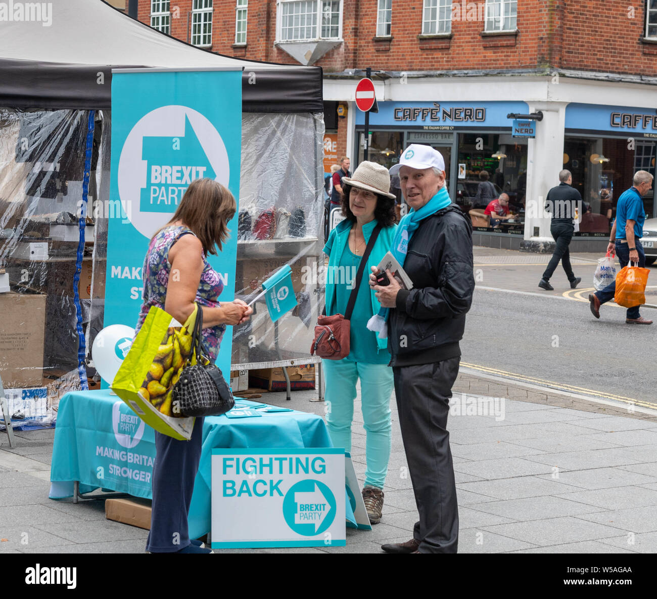 Brentwood Essex 27th July 2019 The Brexit Party Action Day; a stall in Brentwood High Street publicising The Brexit Party Credit Ian Davidson/Alamy Live News Stock Photo