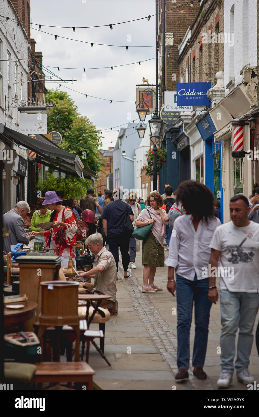 London, UK July, 2019. Flask Walk, a characteristic pedestrian street