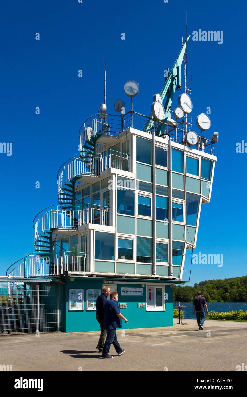 regatta tower at lake Baldeney with the artwork 'Time' by the artist Christoph Hildebrand, Essen, Ruhr Area, Germany.  Regattaturm am Baldeneysee mit Stock Photo