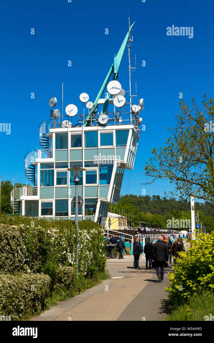 regatta tower at lake Baldeney with the artwork 'Time' by the artist Christoph Hildebrand, Essen, Ruhr Area, Germany.  Regattaturm am Baldeneysee mit Stock Photo