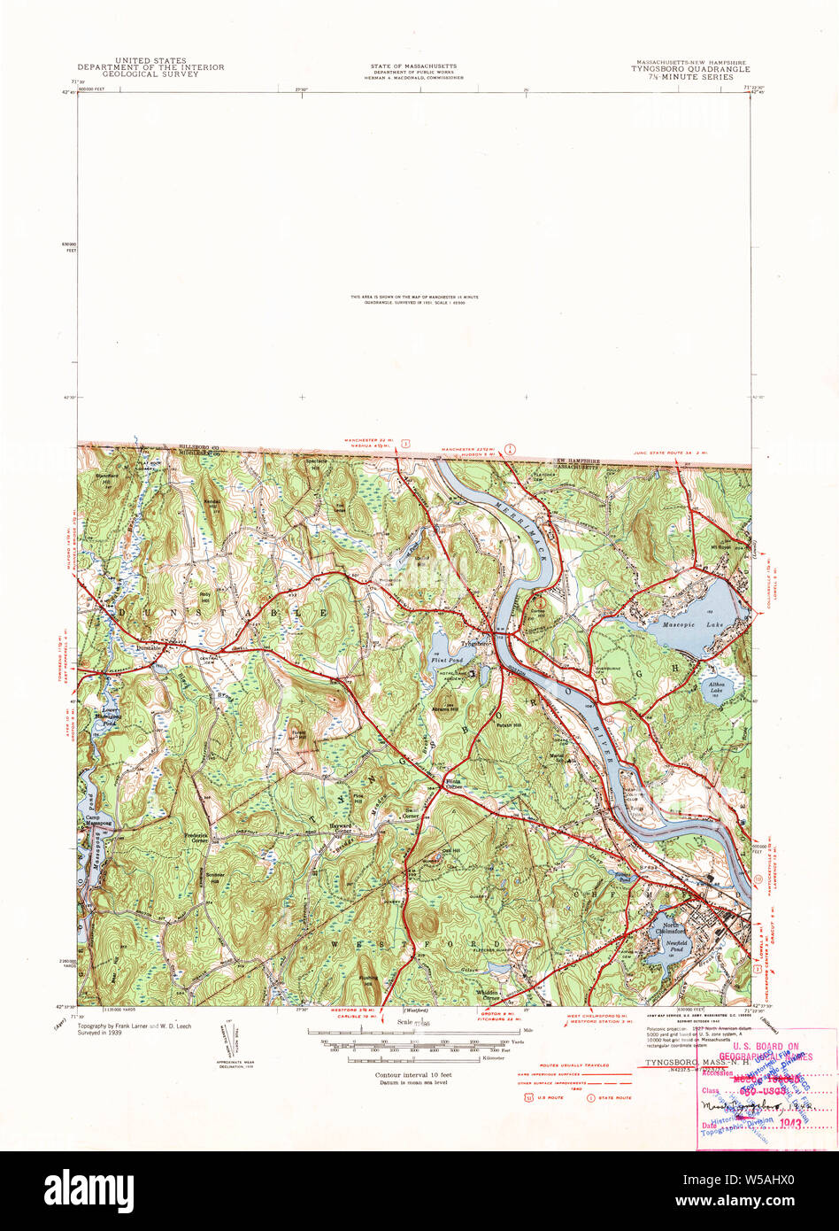 Massachusetts USGS Historical Topo Map MA Tyngsboro 352269 1942 31680 Restoration Stock Photo