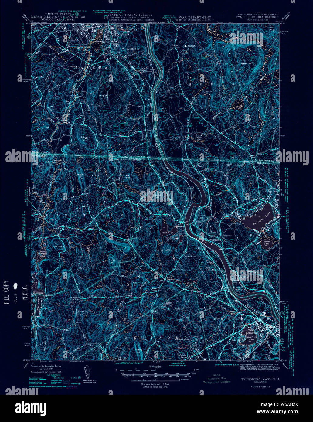 Massachusetts USGS Historical Topo Map MA Tyngsboro 352271 1946 31680 Inverted Restoration Stock