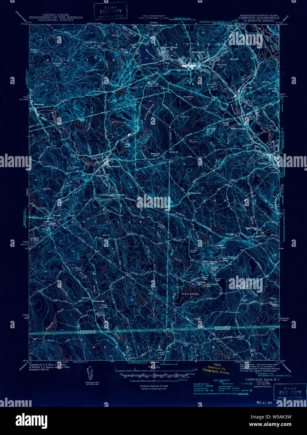 Massachusetts USGS Historical Topo Map MA Uxbridge 352278 1944 31680 Inverted Restoration Stock